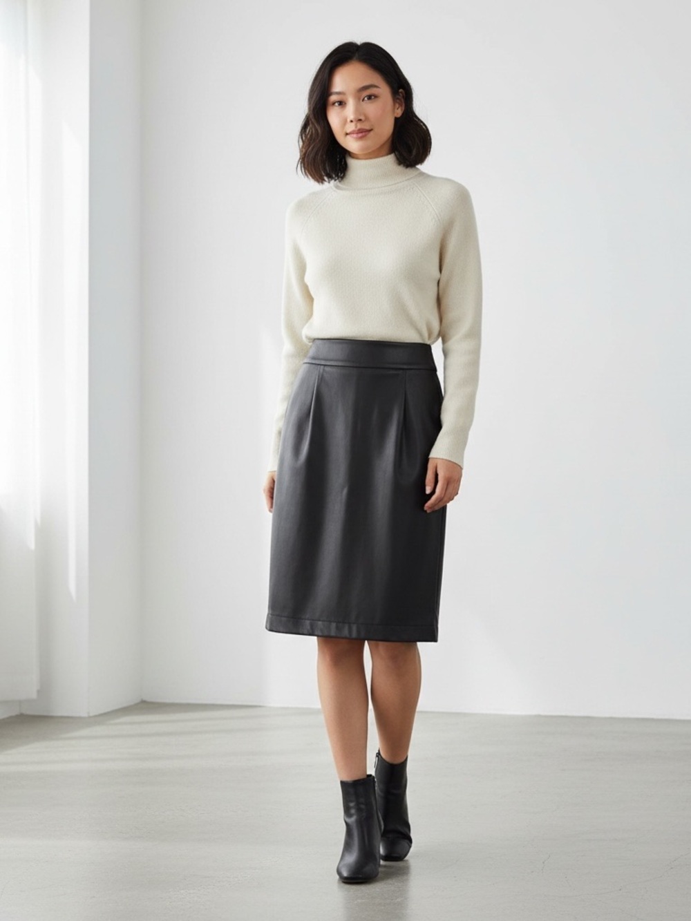 April Black Faux Leather Midi Skirt Size M - NWOT